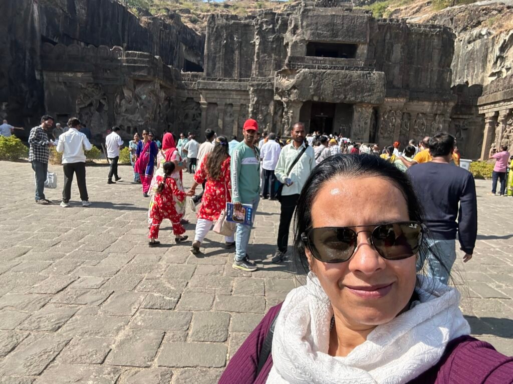 traveler exploring kailasa temple at ellora caves unesco heritage site maharashtra india
