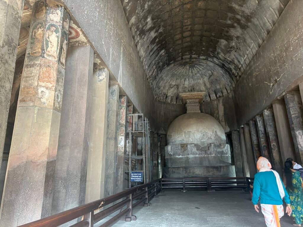 Historic Stupa and Pillared Hall Inside Ajanta Cave Temple