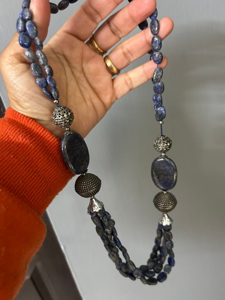 Traditional Lapis Lazuli Beaded Necklace with Silver Pendant